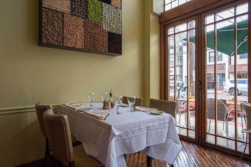 Dining room table with view of outdoor dining area